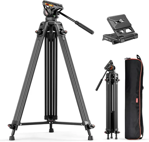 Vista 9 de COMAN - Trípode de video, trípode profesional resistente de 74 pulgadas con placa de liberación rápida y cabezal de fluido de 360°, soporte