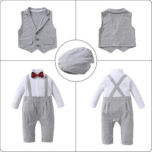 Vista 4 de Kgurtagh Trajes de traje para bebé niño, mameluco y chaleco y boina y pajarita (0-2T)