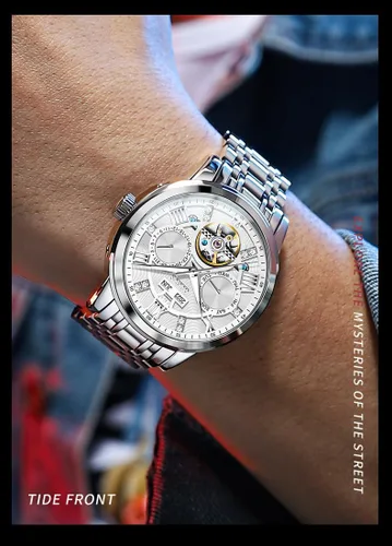Vista 3 de OLEVS Relojes Automáticos para Hombre, Diseño Esqueleto Dorado, Tourbillon, Automático, Mecánico, Acero Inoxidable, Impermeable, Reloj de Pulsera
