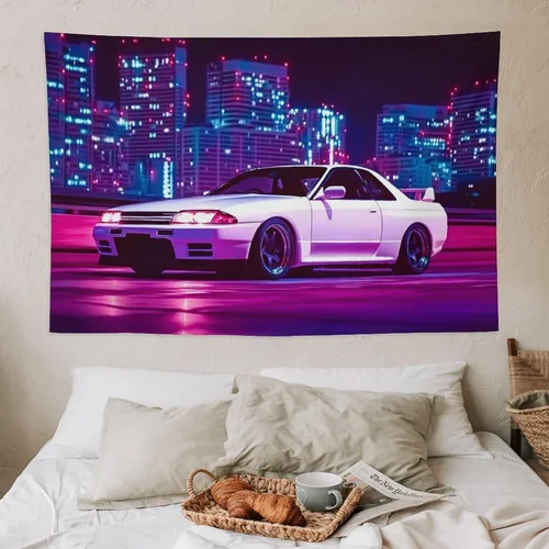 Vista 7 de PailailaiNest Arte de pared Jdm Car White R32 Neon City Night Scene Estética Tapiz colgante de pared para dormitorio, decoración de pared del hogar