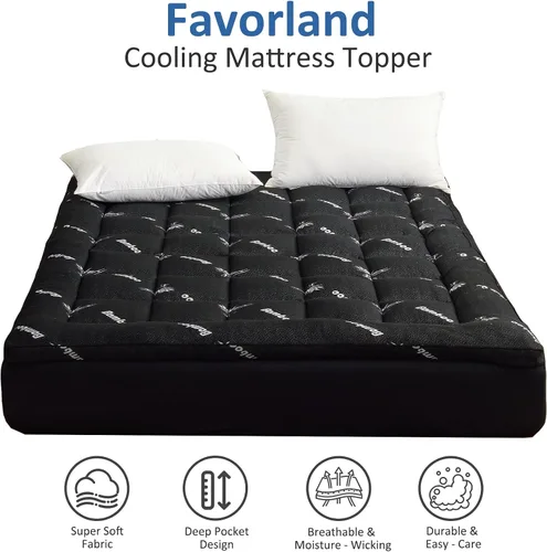 Vista 2 de Favorland Cubrecolchón tamaño individual – Viscosa transpirable extra gruesa refrescante hecha de bambú – Funda de colchón acolchada suave con Negro