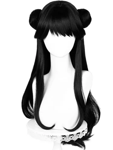Vista 11 de Peluca larga de anime negro con flequillo y moño espina princesa asesina Peluca negra con moño