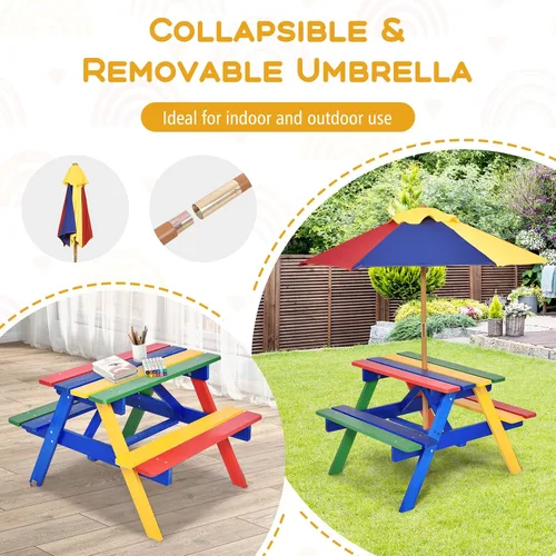 Vista 3 de Costzon Mesa de picnic para niños, mesa y sillas de madera de abeto para exteriores con paraguas extraíble, mesa de picnic para niños pequeños