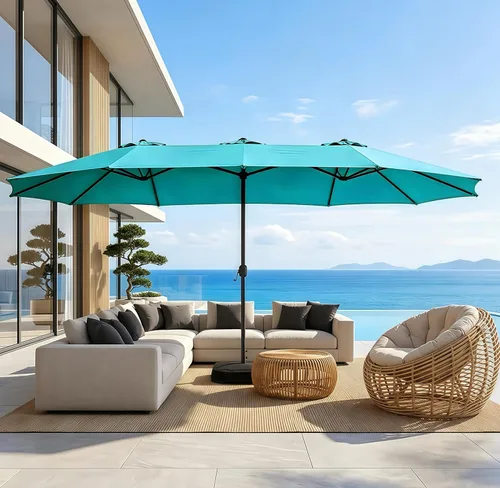 Vista 71 de Sombrilla de doble cara para patio de 15 x 9 pies con base y manivela, sombrilla rectangular extragrande para patio, césped y jardín, beige