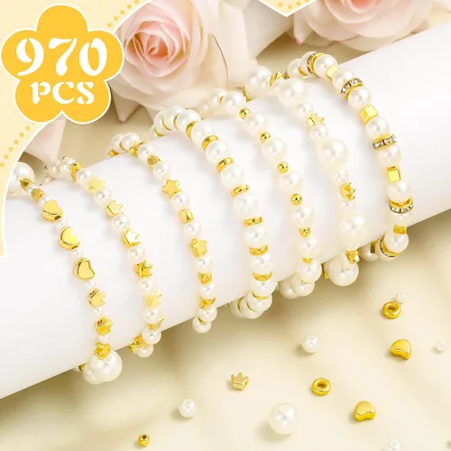 Vista 2 de Audab Cuentas de perlas para hacer pulseras, 970 cuentas espaciadoras de perlas y doradas para hacer joyas