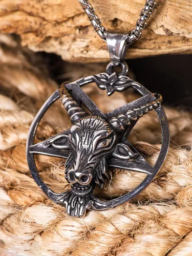 Vista 5 de HAQUIL Collar de Baphomet de acero inoxidable colgante de cabra sabbatic invertido cadena de caja