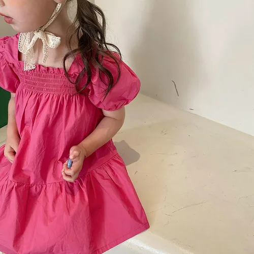 Vista 5 de VEFSU Toddler Kids Baby Girls Dress Puff Sleeves Solid Casual Party Ruffled Princess Dresses Infant Girl Clothes Dresses