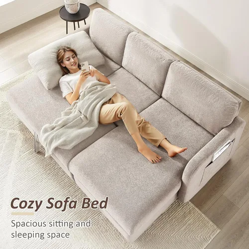 Vista 2 de Sofá cama de 84 pulgadas con cama extraíble, diván de almacenamiento, camello de rizo