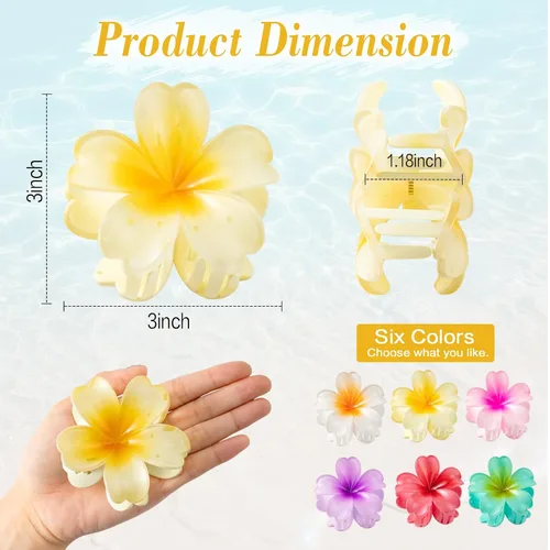 Vista 2 de 6 pinzas para el cabello de flores para mujer, pinzas de pelo de flores hawaianas, pinzas de hibisco hawaiano para cabello fino y grueso, fuerte