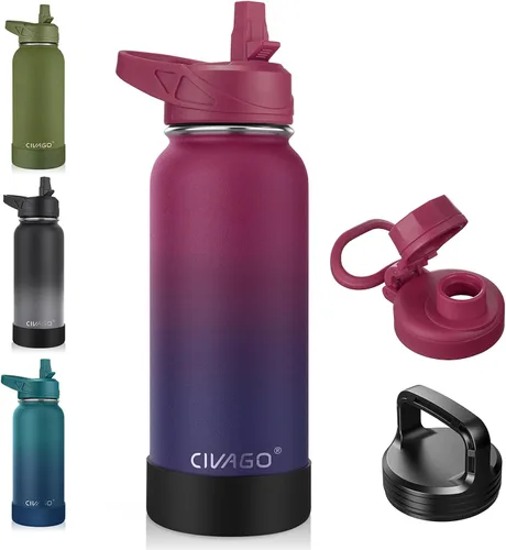Vista 9 de CIVAGO Botella de agua aislada de 22 onzas con pajita, frasco de agua deportiva de acero inoxidable con 3 tapas