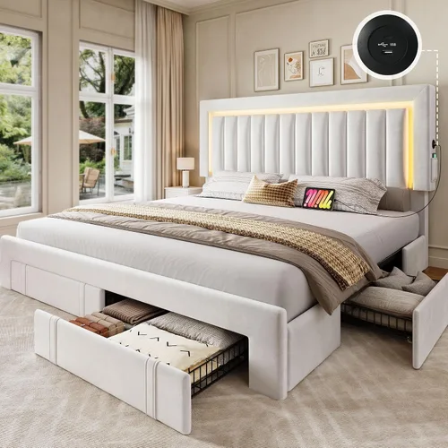 Vista 15 de YITAHOME Base de cama tamaño Queen con cabecera ajustable, 4 cajones de almacenamiento y luces LED RGB, cama de plataforma tapizada de terciopelo