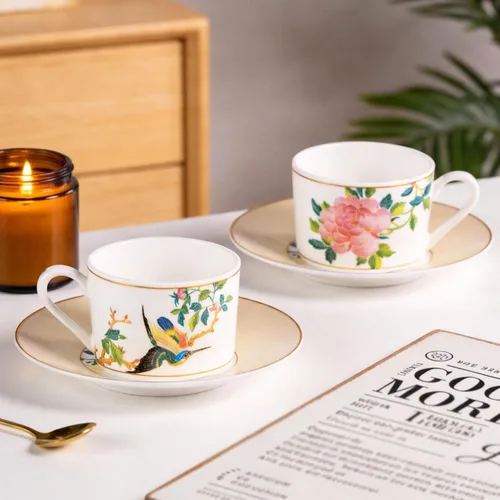 Vista 6 de KAMMAK Juego de 2 tazas de té y platillos, tazas de café de porcelana fina, tazas de café expreso apilables, demitasse de cerámica para café