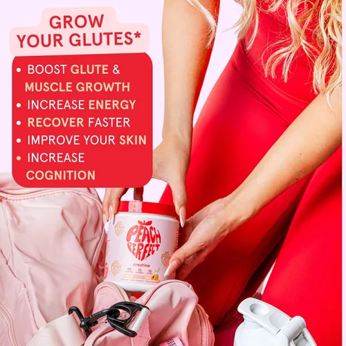 Vista 3 de Polvo de Monohidrato de Creatina Peach Perfect, Creatina para el Crecimiento de Glúteos para Mujeres con Colágeno, BCAAs, 5g de Creatina Vegana