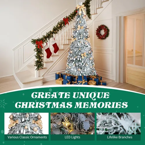 Vista 5 de Árbol de Navidad desplegable de 7 pies con luces, árbol de Navidad plegable preiluminado con 170 luces blancas cálidas y 8 modos intermitentes Verde