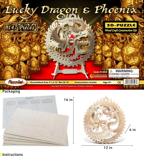 Vista 2 de Puzzled Rompecabezas 3D de madera de dragón y fénix de la suerte, rompecabezas de madera de dragón y fénix, rompecabezas educativo de bricolaje