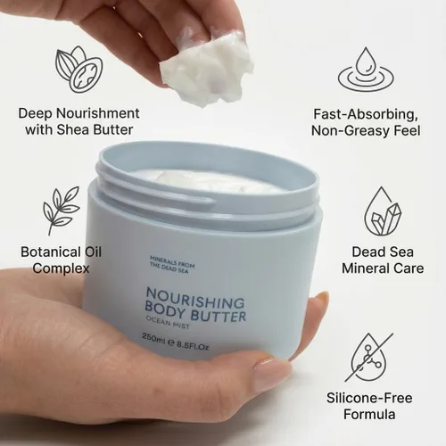 Vista 2 de SEACRET Body Butter - Una rica crema hidratante corporal con manteca de karité, manteca de cacao, vitaminas E y C y minerales del mar muerto