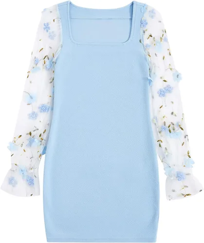 Vista 5 de WDIRARA Vestido de malla transparente con volantes para niña, de manga larga, con apliques y cuello cuadrado Flor de malla negra