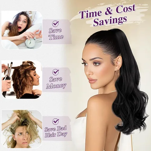 Vista 4 de BARSDAR Flequillo de cabello humano negro + extensión de cola de caballo con cordón ondulado