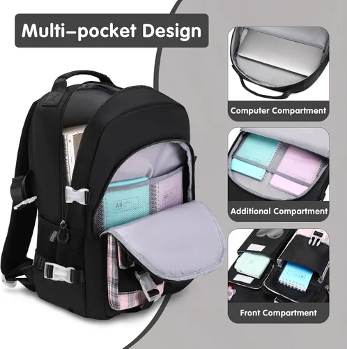 Vista 2 de Mochila para niñas - Mochila para libros, mochila escolar para niñas, niños, adolescentes, mujeres, casual, 1 unidad de color negro., Mochilas