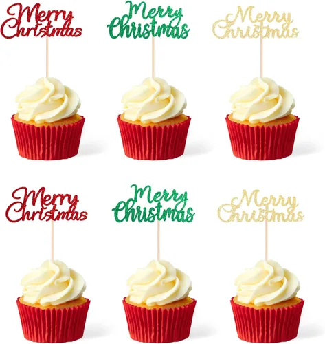 Vista 5 de Gexolenu 24 piezas de adornos de Navidad para cupcakes Oh Baby, con purpurina de doble cara, para sombrero de Papá Noel rojo para Navidad, baby