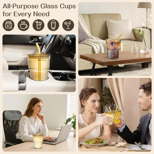 Vista 7 de Vaso reutilizable de 13 onzas para café helado con tapas, vaso transparente para agua, paquete de 2 vasos de vidrio con popote y tapa, vaso