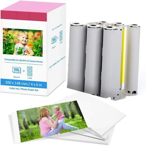 Vista 8 de Compatible con Canon Selphy CP1500 Tinta y Papel KP-108IN KP108 - Cartuchos de tinta de 3 colores y 108 hojas de papel fotográfico brillante de 4x6