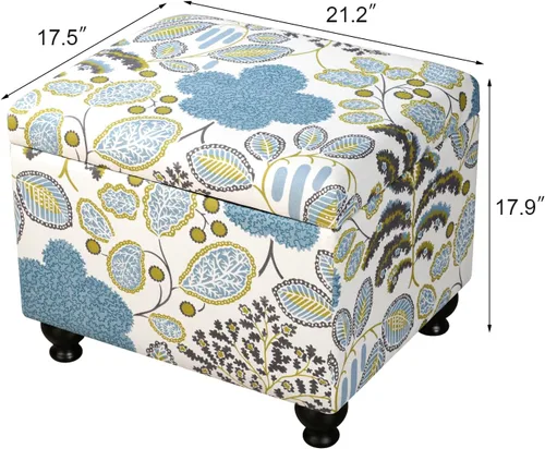Vista 2 de Adeco Otomana Almacenadora Colorida con Almacenamiento, Otomana de 53 cm de Lino con Reposapiés y Tapa con Bisagra con Patrón de Hojas Azules
