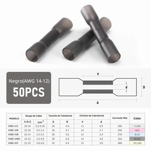 Vista 2 de 50 conectores de cable a tope termorretráctiles, 50 unidades de 14-12 AWG con aislamiento negro, impermeables, conectores de cable eléctrico