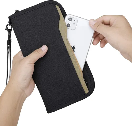 Vista 7 de ZOPPEN Cartera de viaje RFID y organizador de documentos con cremallera con correa de muñeca extraíble Cartera RFID