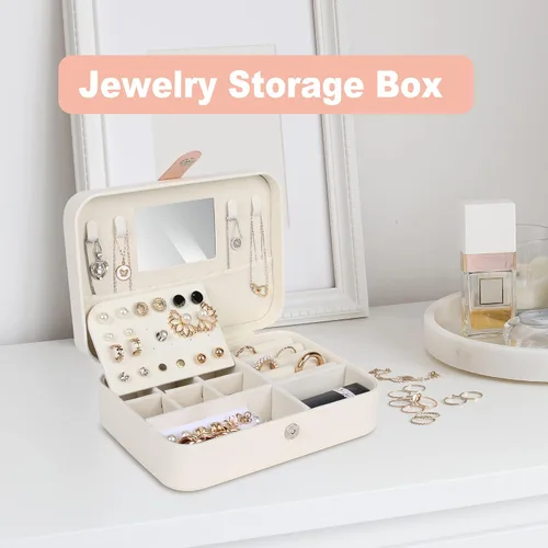Vista 2 de Loscarol Joyero de viaje con espejo, soporte portátil de almacenamiento de joyas de viaje para mujeres y niñas, estuche organizador de joyas pequeño