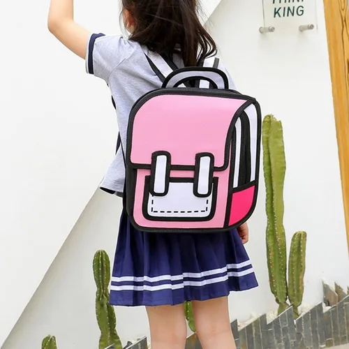 Vista 2 de Mochila de dibujo 2D estilo salto 3D Novetly Back To School Suministros Kawaii Cartoon Cómic japonés Anime Bolsa Daypack, Rosado, L, Mochilas