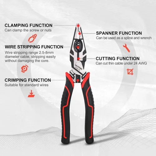 Vista 2 de HAUTMEC Herramienta pelacables Pro 8 "Multifuncional Combinación Linesman Alicates Cortador de Cable Pelacables Herramienta de prensado Terminal