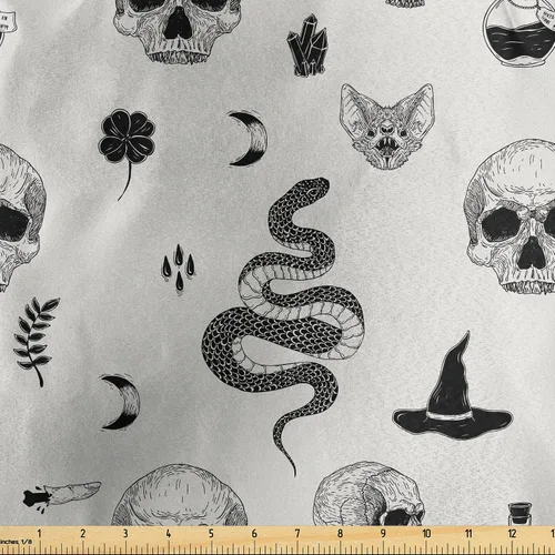 Vista 147 de Ambesonne The Yard, tela de calavera colorida con temática de Halloween, diseño de calavera y huesos cruzados, divertido estampado de dibujos