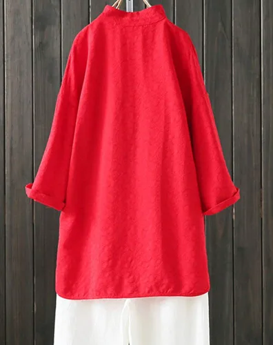 Vista 2 de Kedera playera de lino jacquard para mujer, estilo retro chino con botones de rana