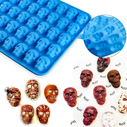 Vista 6 de Sidosir 4 moldes de chocolate con calavera de gomita, moldes de caramelo de calavera de gomita, moldes de silicona antiadherentes con 2 cuentagotas