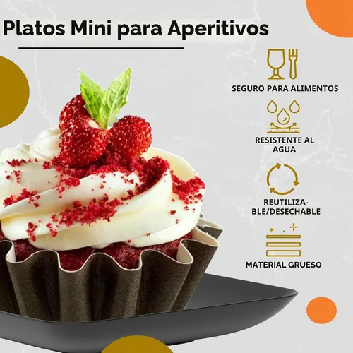 Vista 2 de Exquisite Mini platos de postre pequeños, paquete de 120 platos desechables negros de 2.4 x 2.4 pulgadas, pequeños de plástico sin BPA para bodas