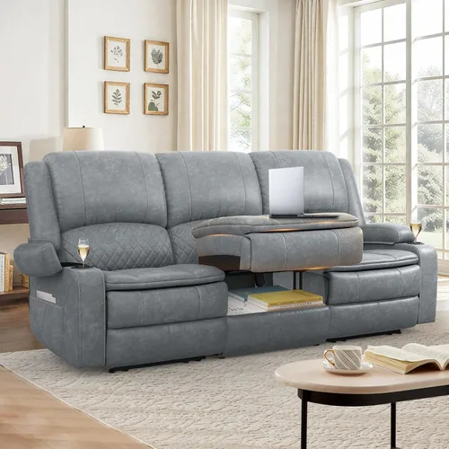 Vista 47 de Sofá reclinable de 3 plazas, sofá reclinable con consola elevable (tela, azul) Reclining Sofa with USB Removable Armrest, RV Sofa with Cup Holder