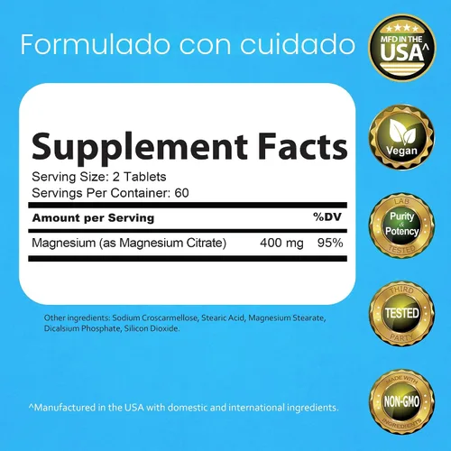 Vista 2 de Citrato de magnesio 400 mg - 120 comprimidos alivio del estrés de alta potencia, apoyo para la relajación del sueño, apoya la función nerviosa
