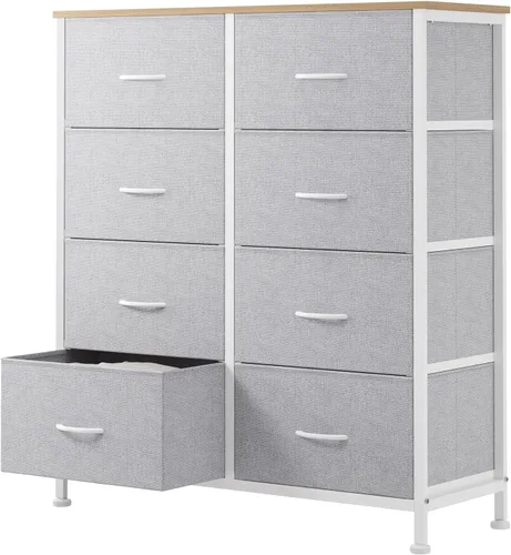 Vista 29 de Sweetcrispy Cómoda para dormitorio, cómoda de tela con 8 cajones, cómoda para armario, sala de estar, marco de acero resistente, parte superior