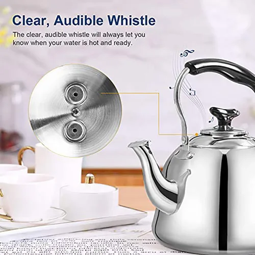 Vista 5 de Hervidor de té silbante de acero inoxidable para estufa, tetera de 2 cuartos de galón de ebullición rápida con mango plegable de tacto frío