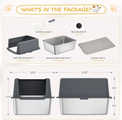 Vista 6 de Caja de arena para gatos de acero inoxidable, bandeja de arena de metal cubierta, bandejas de arena para gatos con lados altos, caja de arena