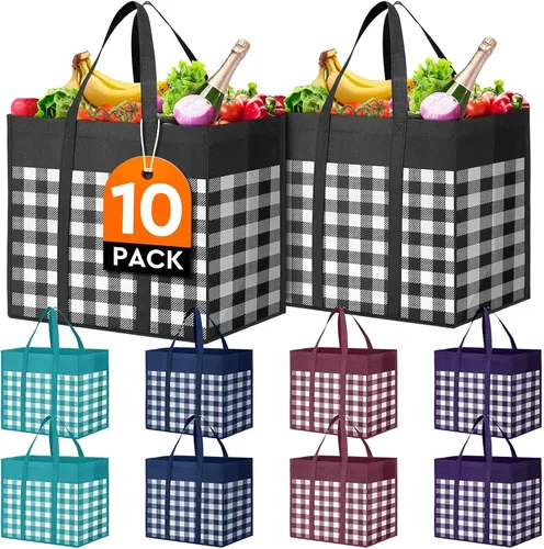 Vista 10 de Bolsas de compras reutilizables para comestibles, paquete de 10 bolsas grandes plegables a granel