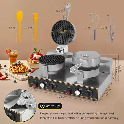 Vista 6 de Dyna-Living Máquina de gofres doble de 2400 W, para restaurante, antiadherente, redonda, waflera comercial, máquina de gofres grande para hotel