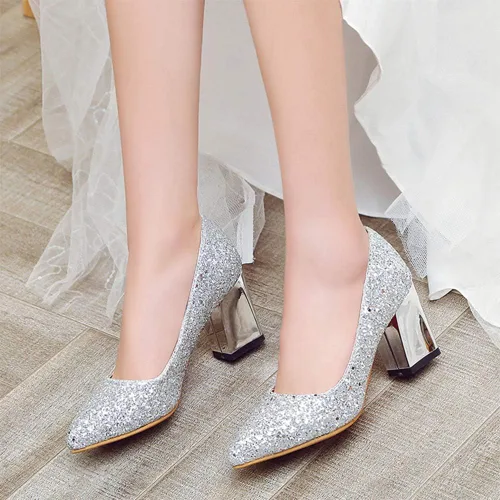 Vista 3 de Zapatos de vestir clásicos de fiesta con tacón grueso con purpurina brillante para mujer, cómodos, tacón de bloque medio, sin cordones