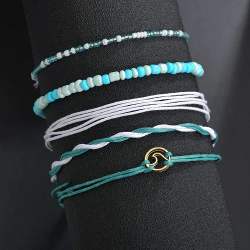 Vista 3 de Juego de pulseras de tobillo bohemias ajustables impermeables y trenzadas, tobilleras hawaianas, regalos de joyería para mujeres, adolescentes