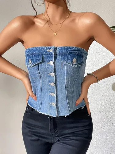 Vista 3 de WDIRARA Blusa corta sin mangas con botones y dobladillo sin tirantes para mujer