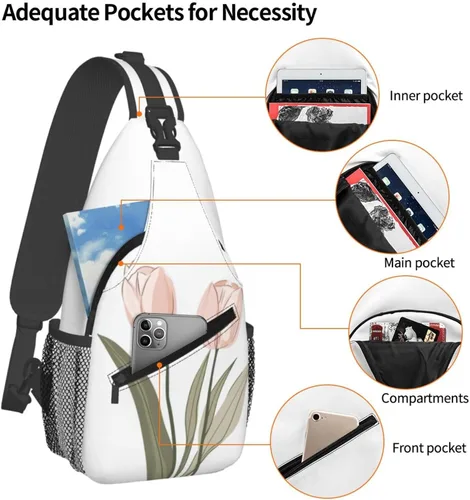 Vista 3 de Bolso bandolera para hombres y mujeres, mochila cruzada floral de tulipán pastel, mochila casual de senderismo para viajes, deportes, correr, bolsa