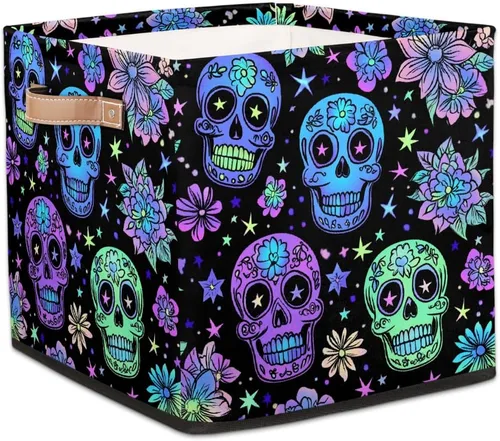 Vista 30 de Cube Storage Bins for Shelves, Neon Blue And Purple Skull Flower Decorative Fabric Organizer Box with Handles for Living Room, Dorm Room, Classroom