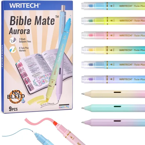 Vista 9 de WRITECH Set de marcadores y bolígrafos para diario de la Biblia Mate: marcadores sin sangrado para la Biblia y bolígrafos de bola de tinta negra