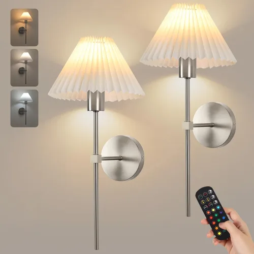 Vista 15 de Juego de 2 apliques de pared inalámbricos, pantallas plisadas recargables que funcionan con batería, luces de pared retro de cuello de ganso